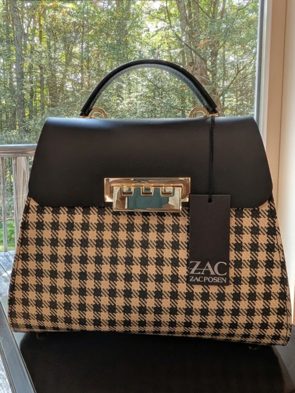 ZAC Zac Posen Black & Tan Houndstooth Top-Handle Satchel